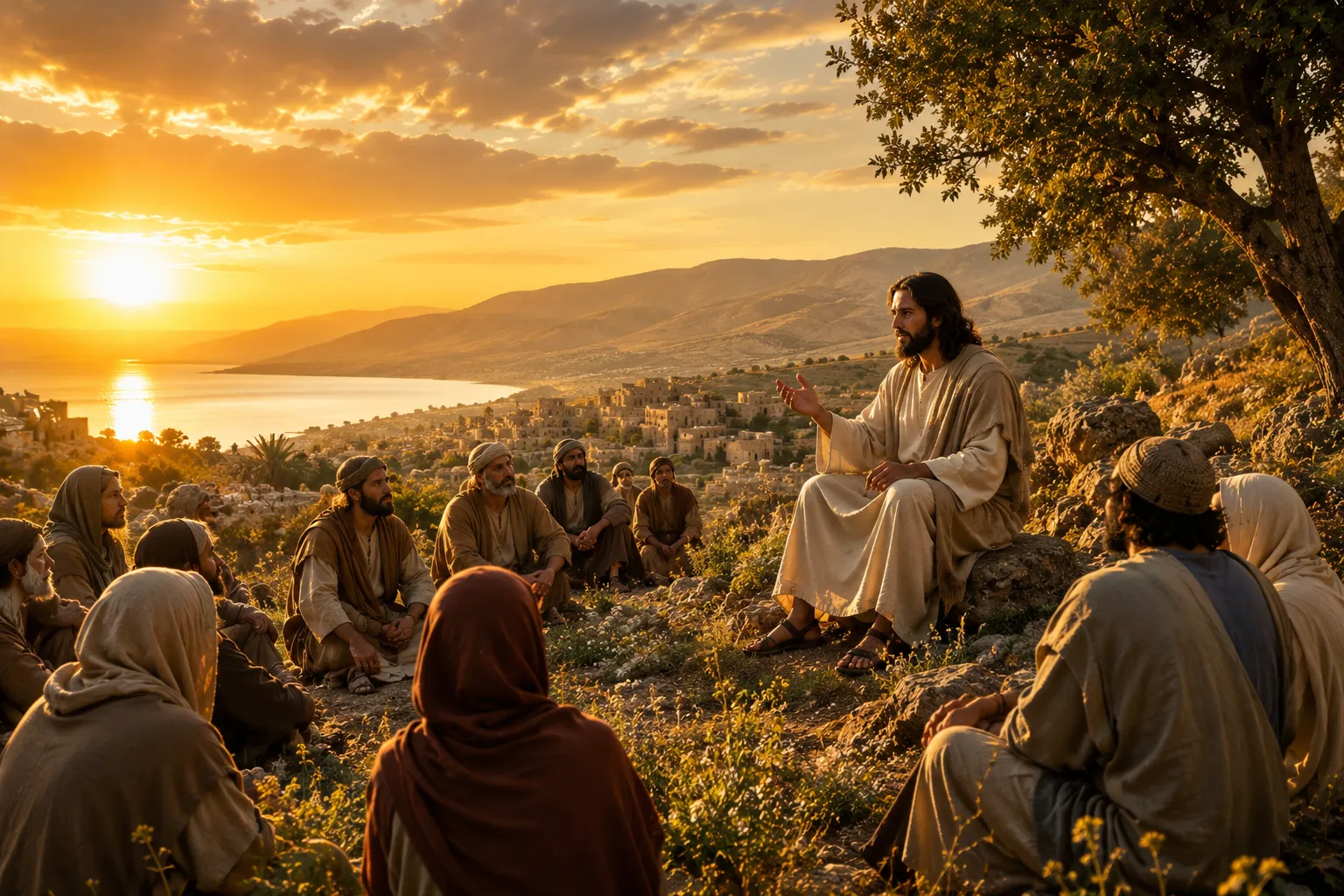 Hands open in prayer at sunrise over calm waters