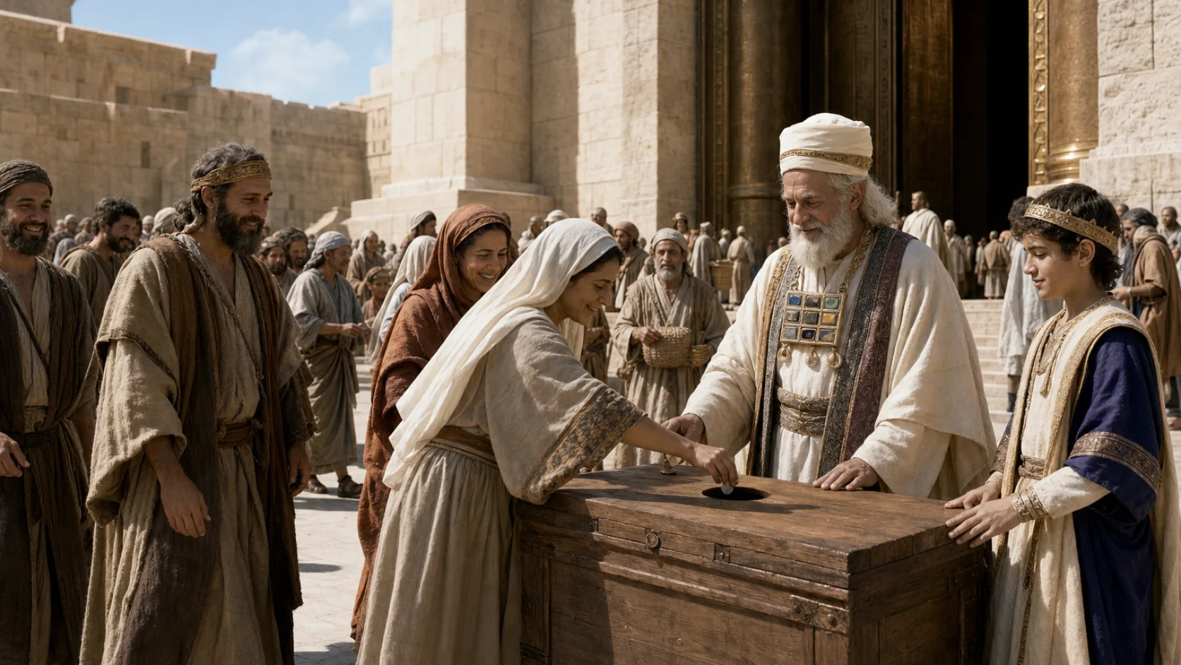 Biblical scene illustrating A Collection Chest Is Placed outside the Temple