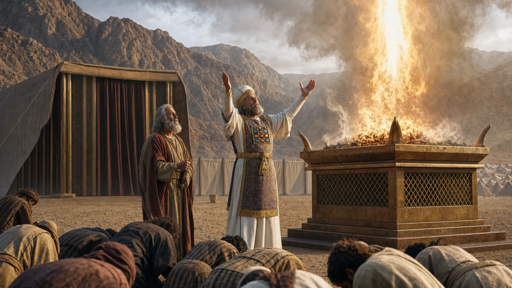 Biblical scene illustrating Aaron Begins His Priestly Ministry