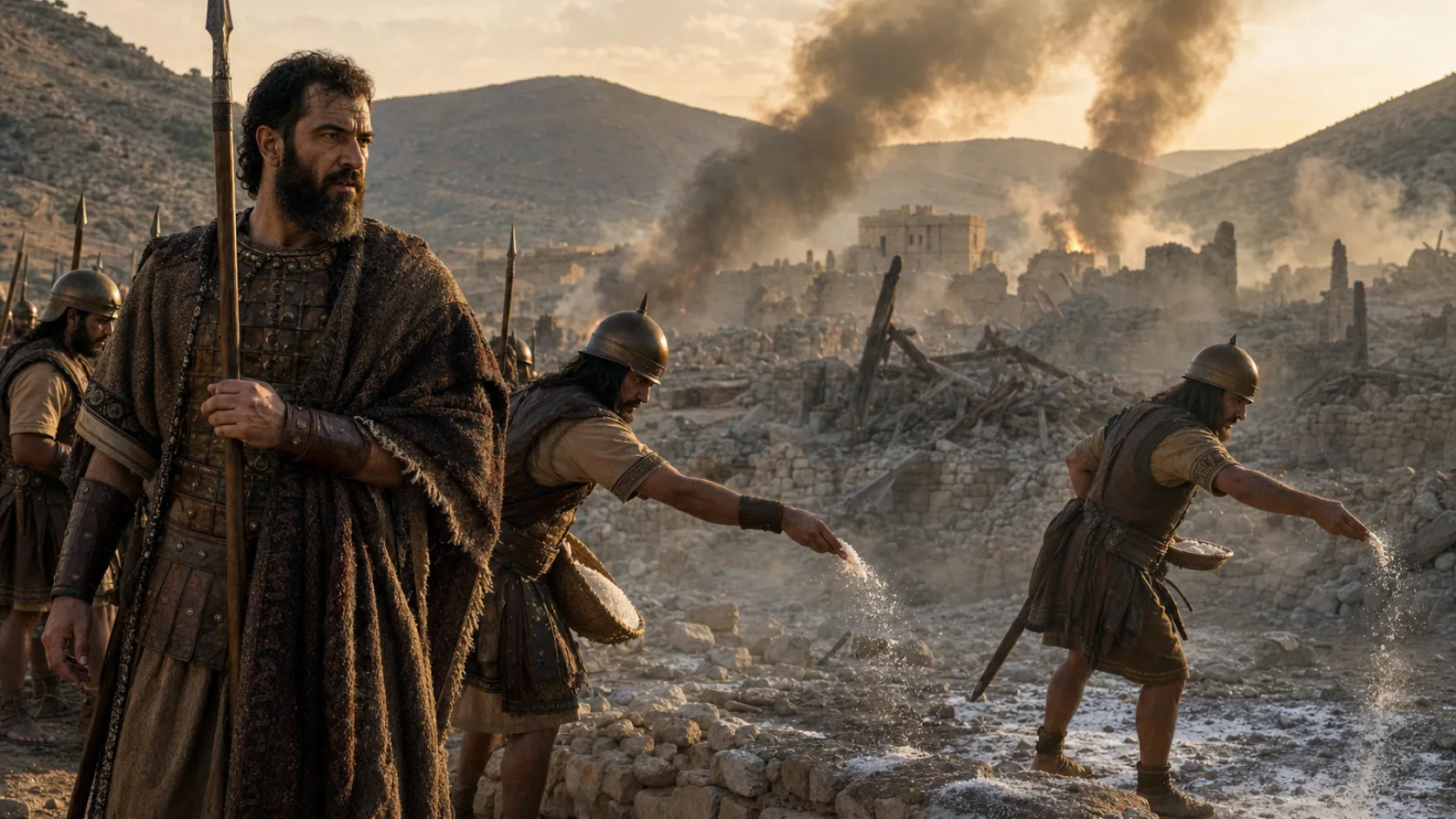 Biblical scene illustrating Abimelech Destroys Shechem