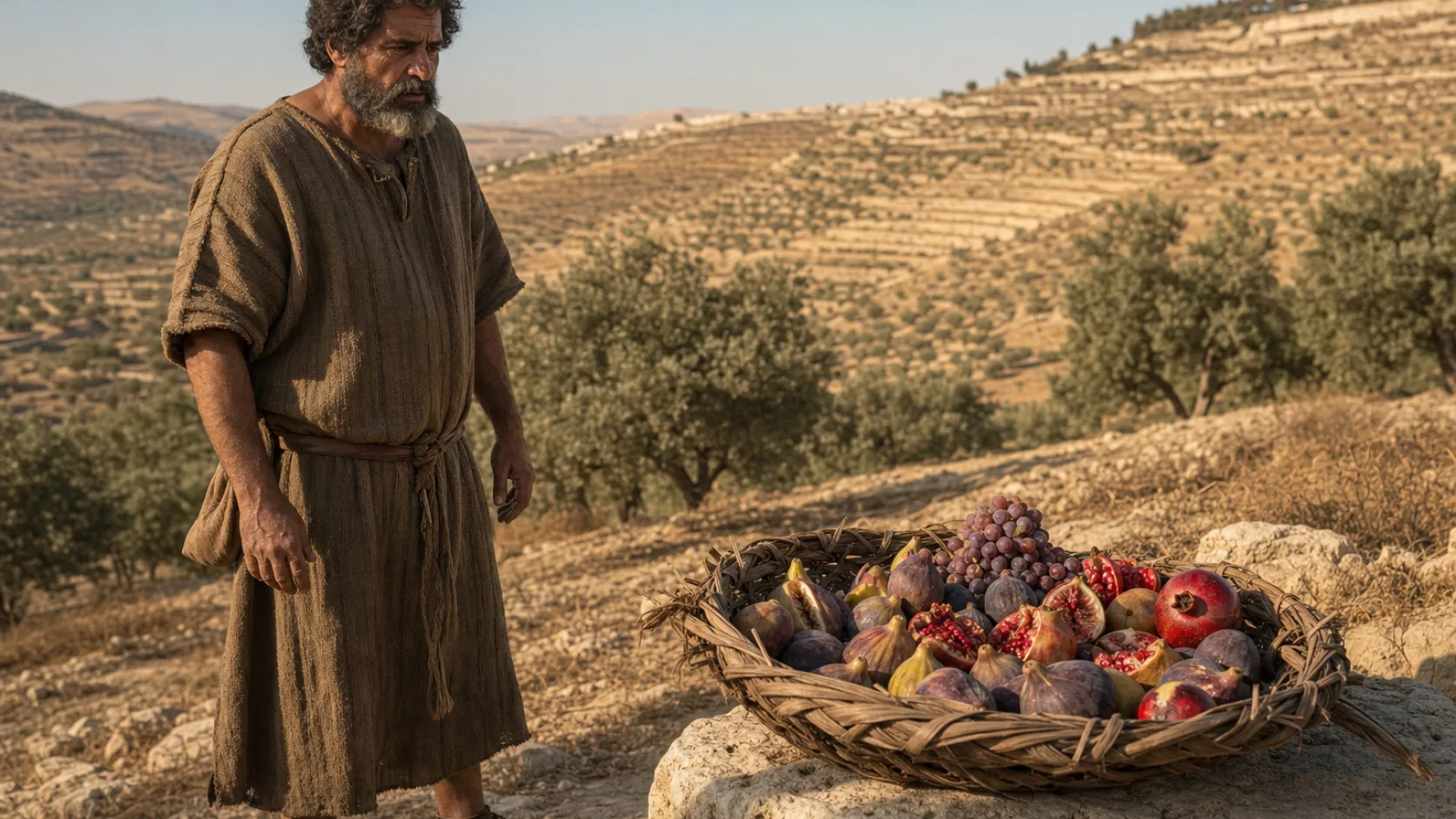 Amos’s Basket of Summer Fruit in a detailed biblical historical scene