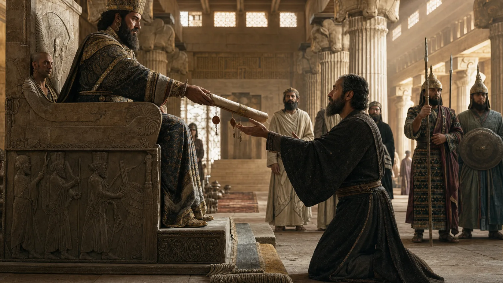 Biblical scene illustrating Artaxerxes Authorizes Ezra to Teach Gods Law