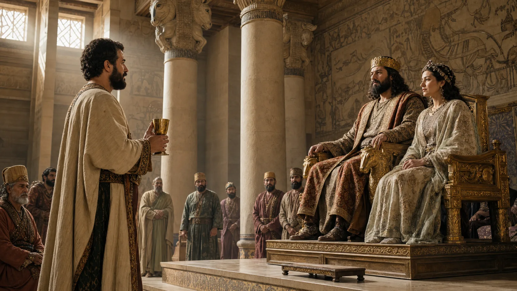 Biblical scene illustrating Artaxerxes Grants Nehemiah Permission to Rebuild Jerusalem