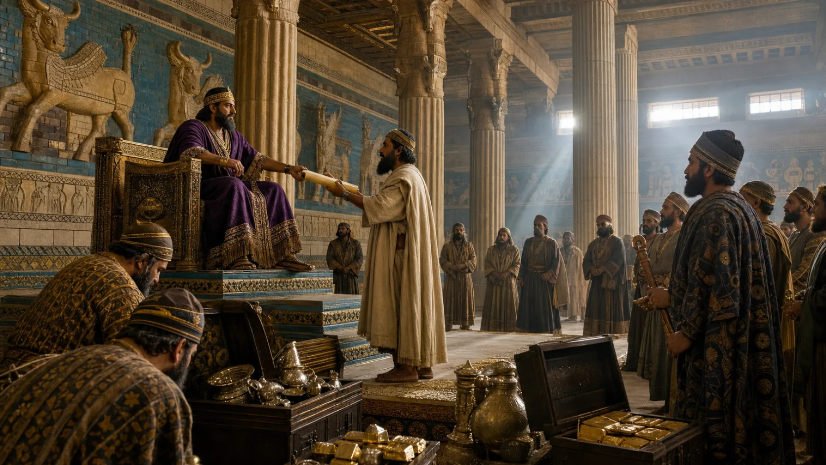 Biblical scene illustrating Artaxerxes Provides Resources for Temple Worship