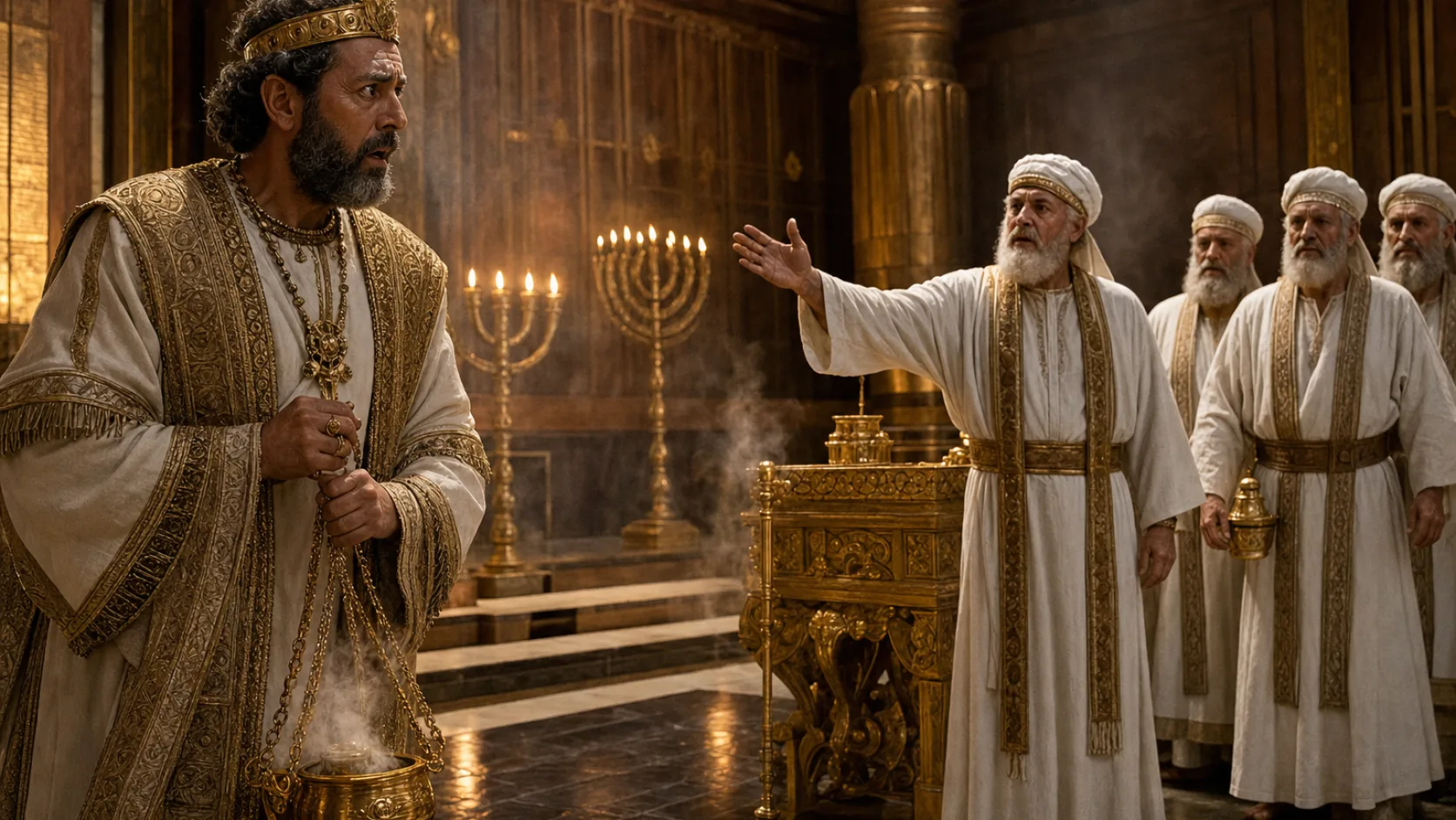 Biblical scene illustrating Azariah Is Struck with Leprosy