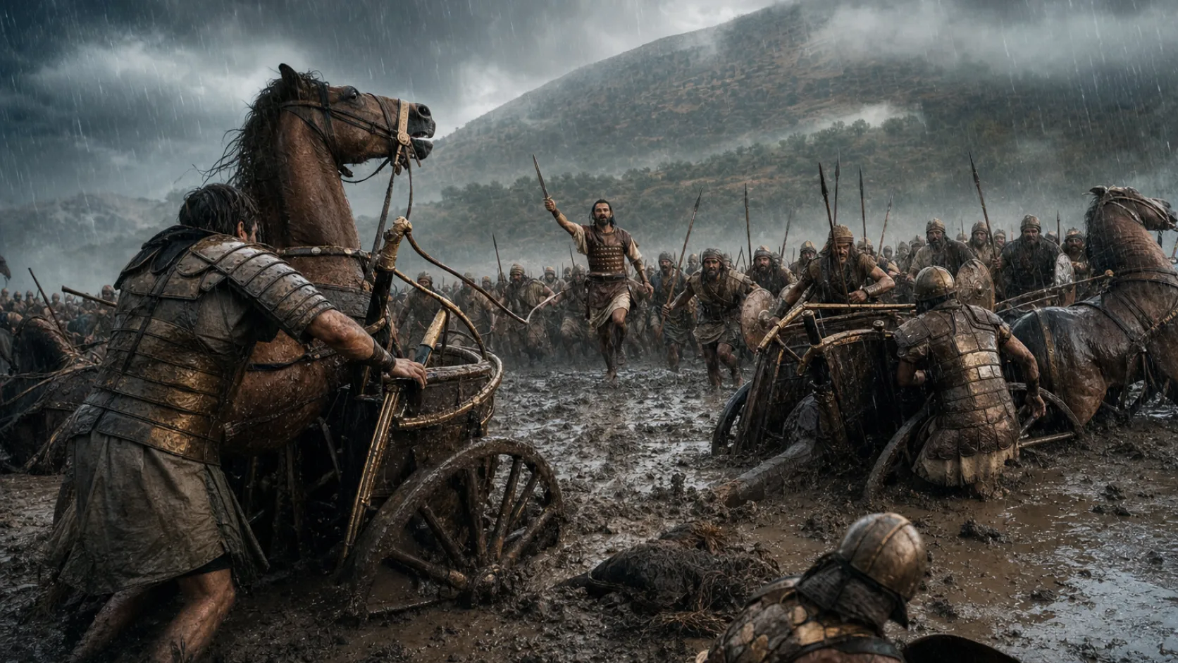 Biblical scene illustrating Barak Defeats Sisera's Army