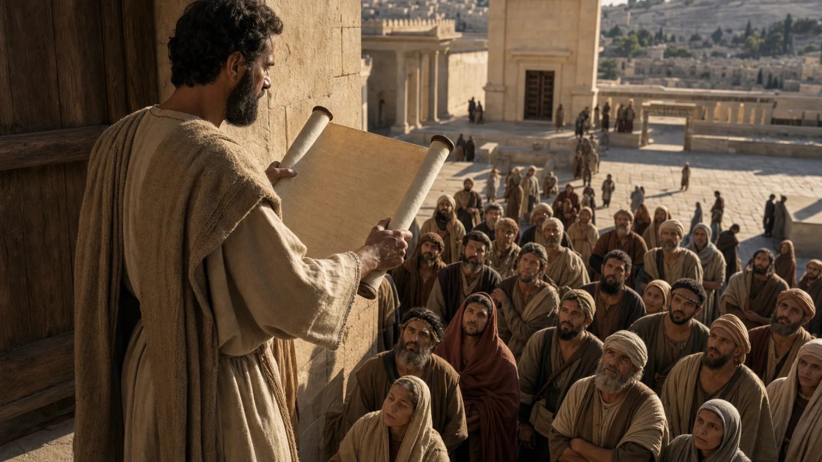 Biblical scene illustrating Baruch Reads Jeremiahs Scroll at the Temple