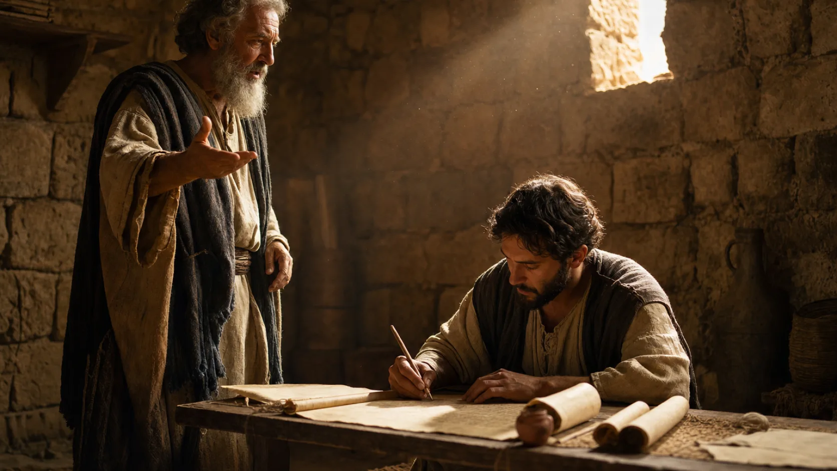 Biblical scene illustrating Baruch Writes Jeremiahs Words on a Scroll