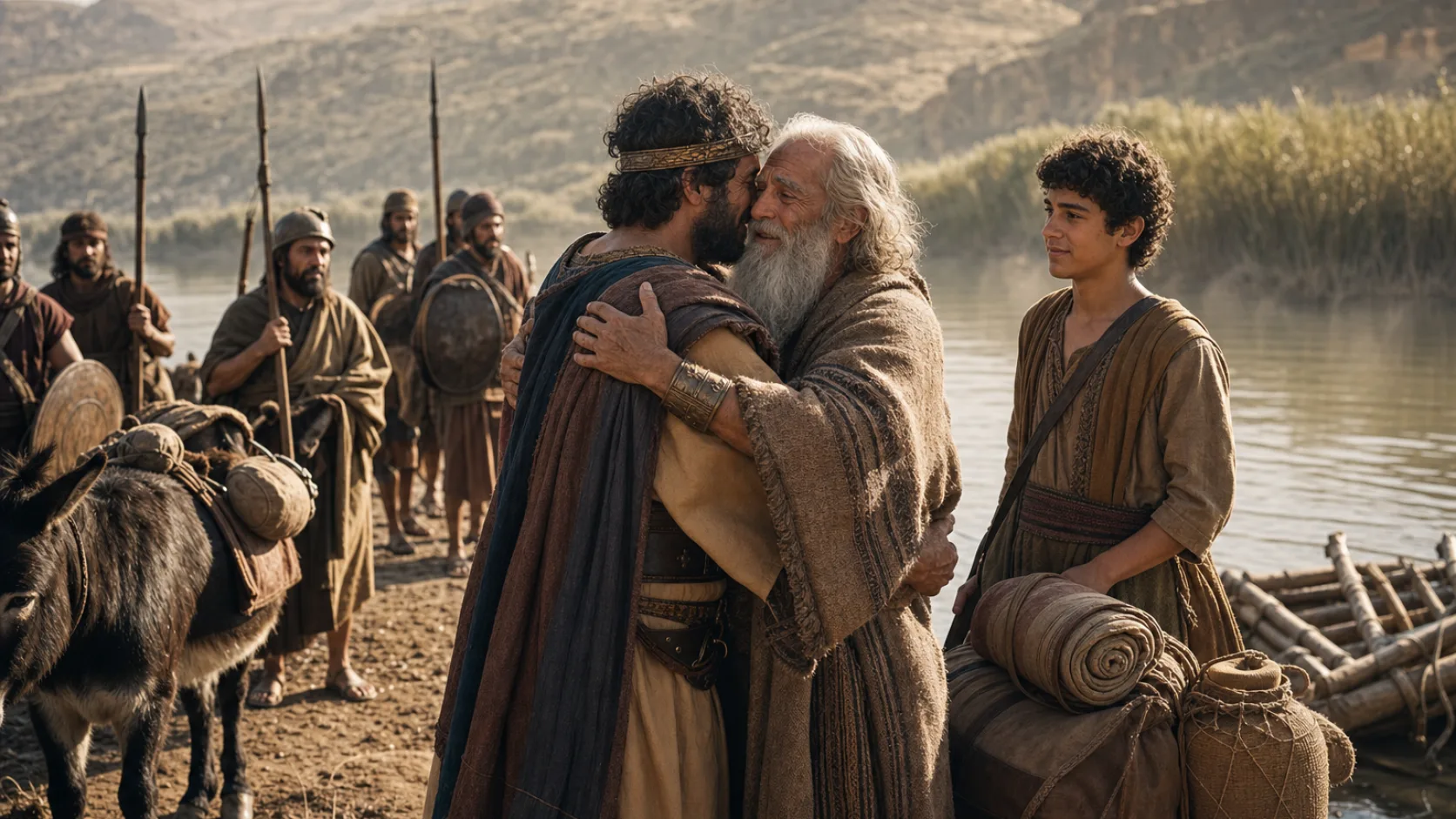 Biblical scene illustrating Barzillai Helps David Return to Jerusalem