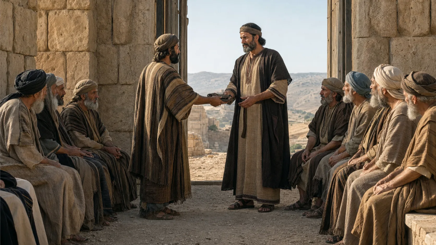 Biblical scene illustrating Boaz Becomes Ruth's Kinsman-Redeemer