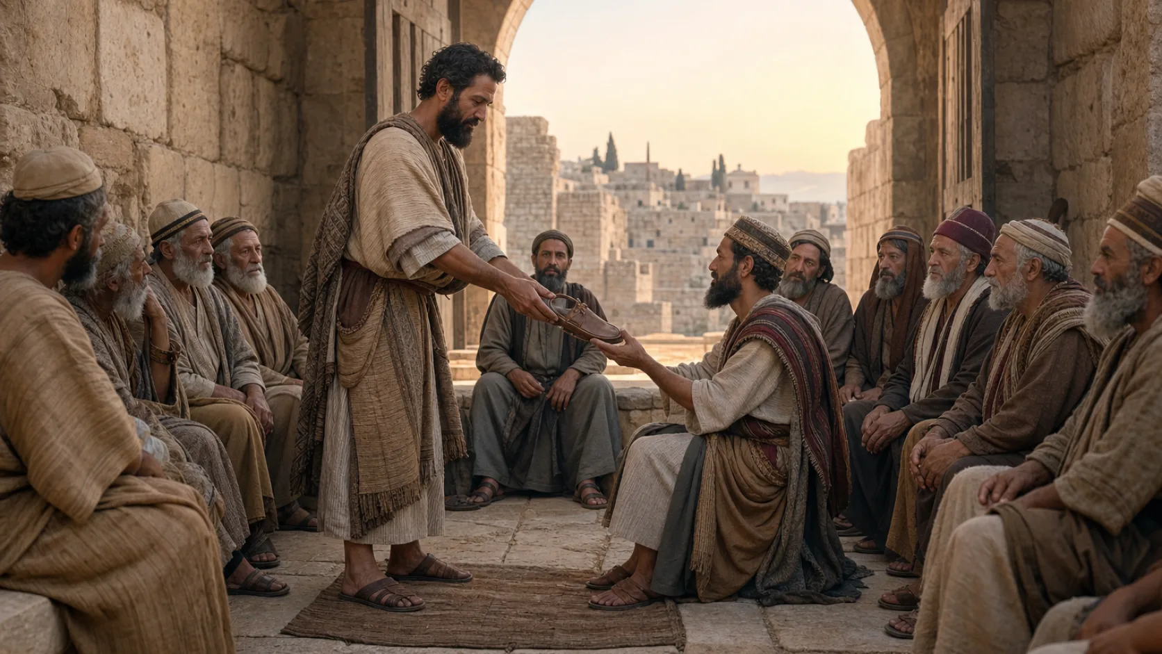 Biblical scene illustrating Boaz Meets the Closer Kinsman-Redeemer at the City Gate