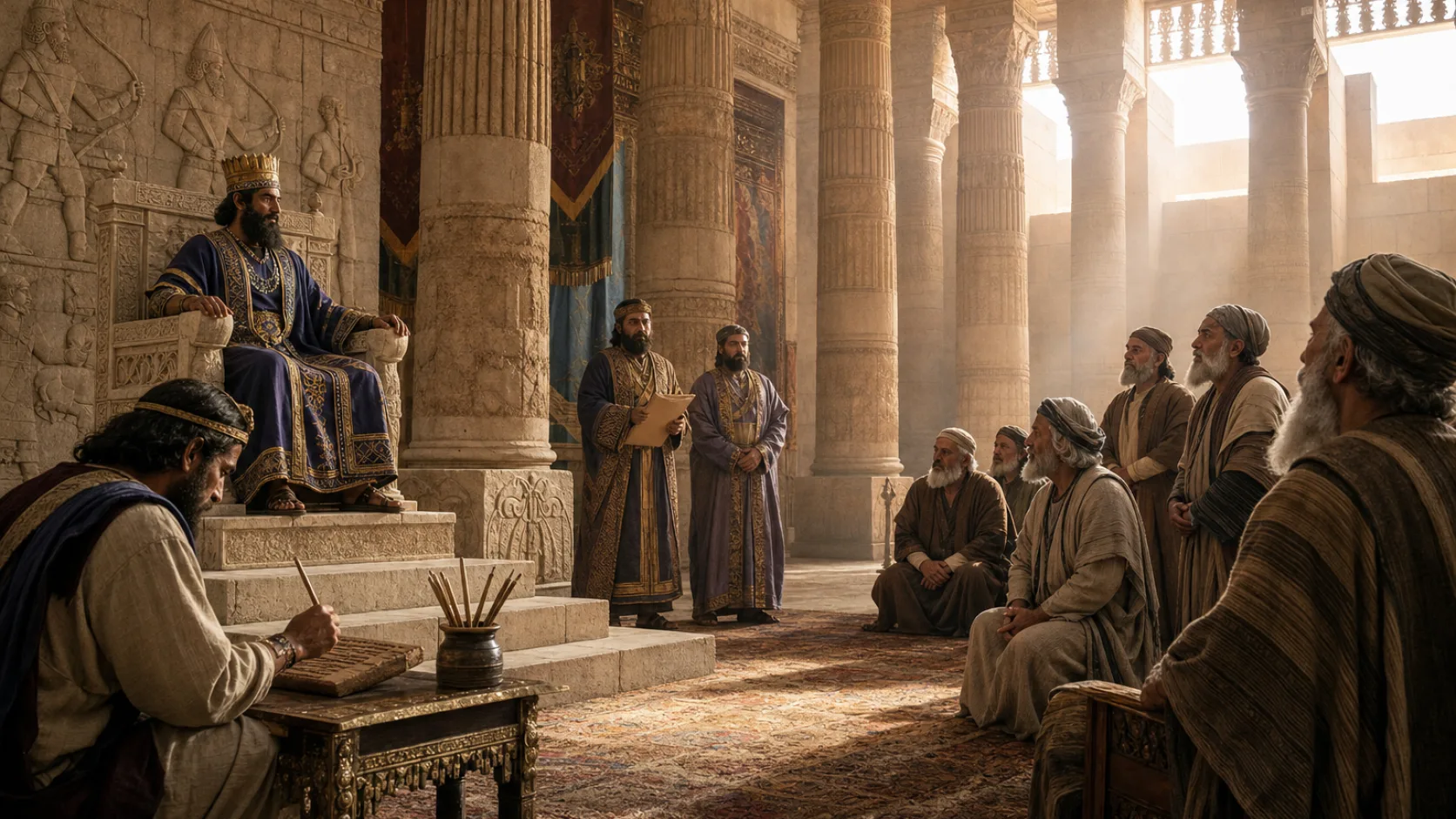 Biblical scene illustrating Cyrus Issues a Decree to Rebuild the Temple in Jerusalem