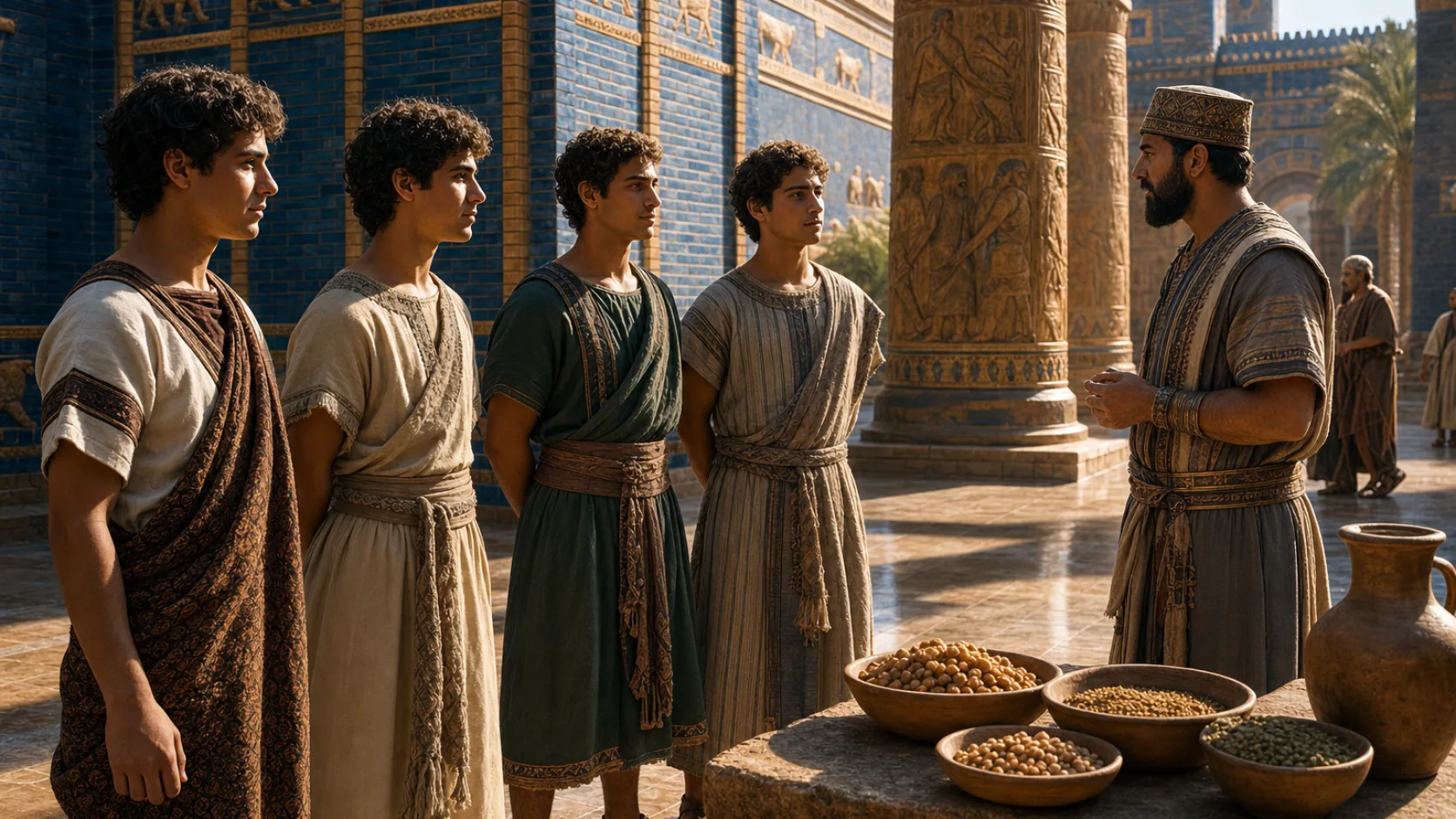 Biblical scene illustrating Daniel and His Friends Are Tested for Ten Days