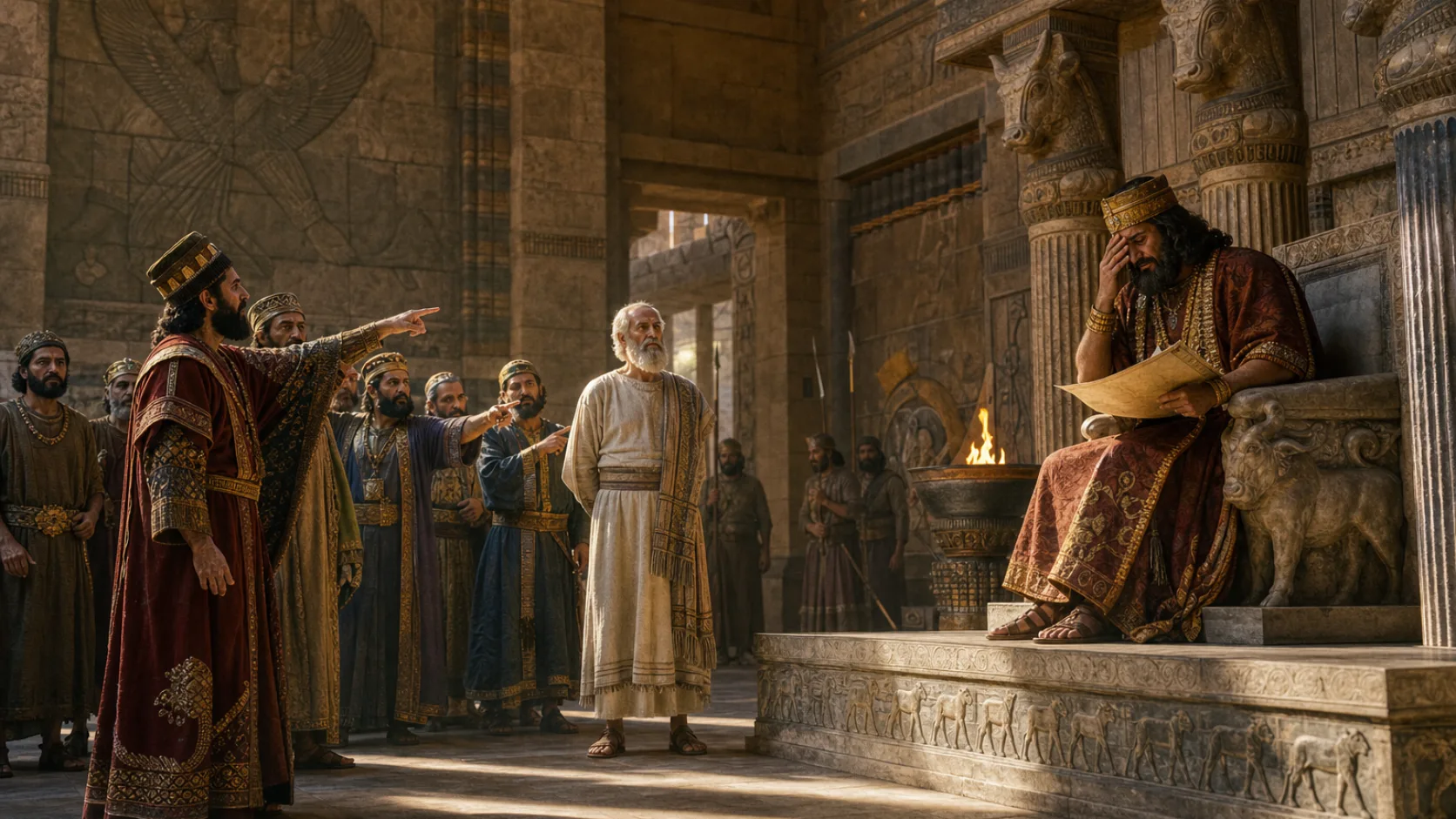 Biblical scene illustrating Daniel Is Accused before King Darius
