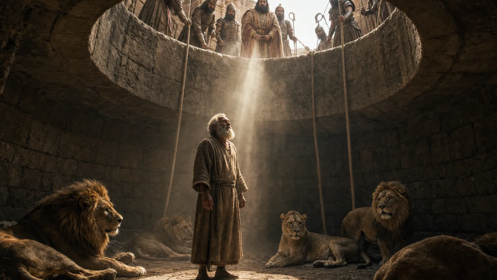 Biblical scene illustrating Daniel Is Lifted Safely from the Lions Den