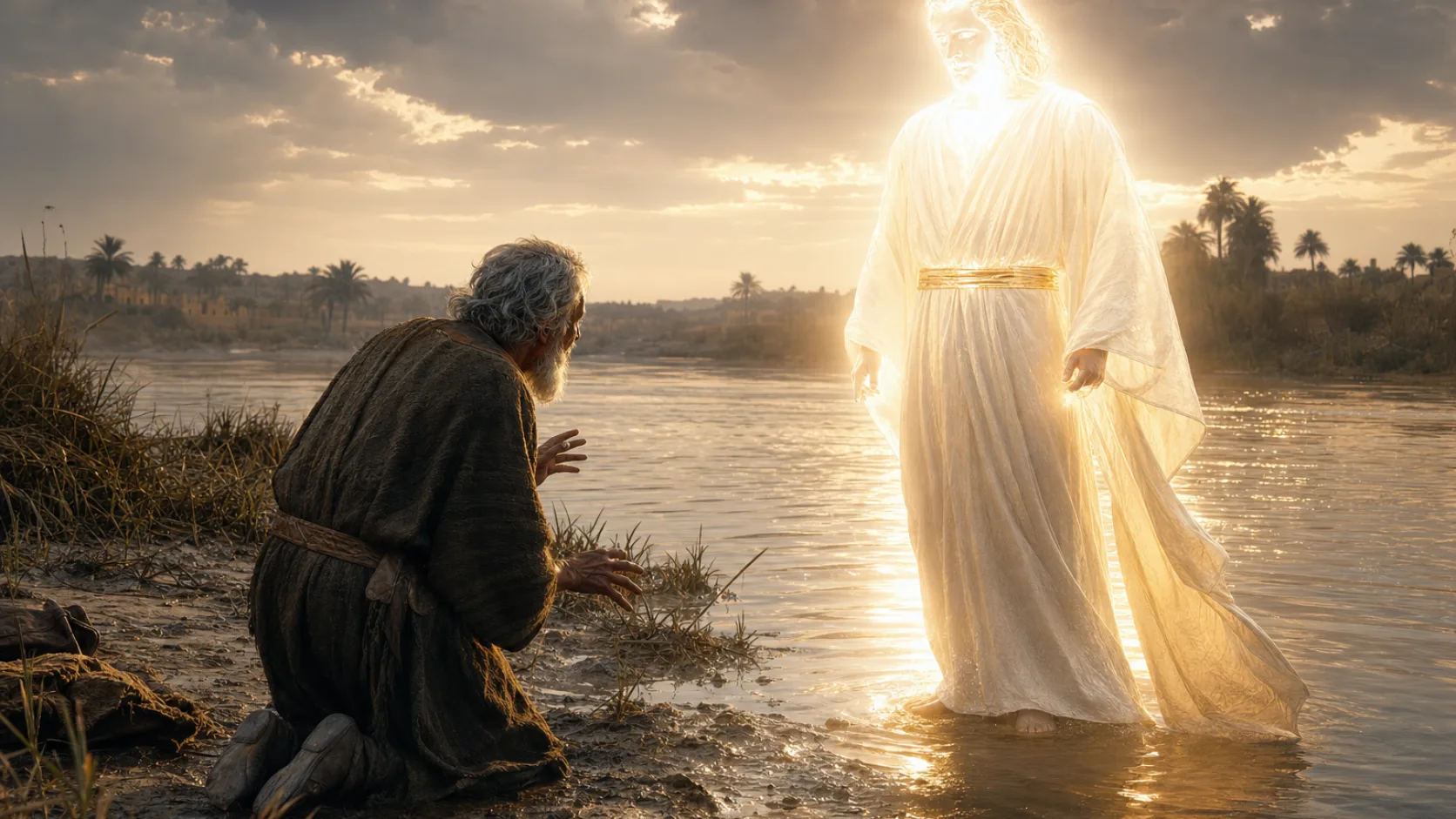 Biblical scene illustrating Daniel Sees a Glorious Heavenly Messenger by the Tigris