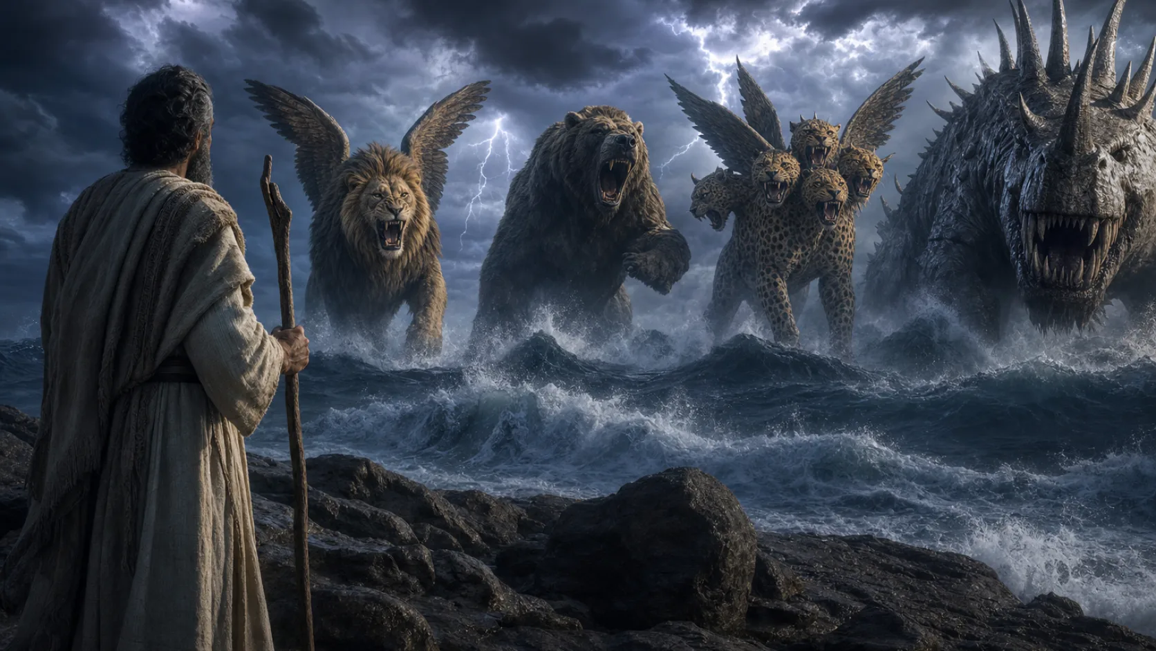 Biblical scene illustrating Daniel Sees Four Beasts Rising from the Sea