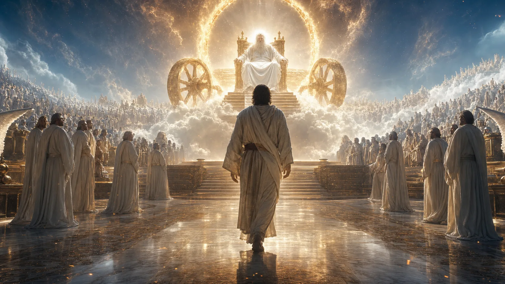 Biblical scene illustrating Daniel Sees One Like a Son of Man Receive an Eternal Kingdom