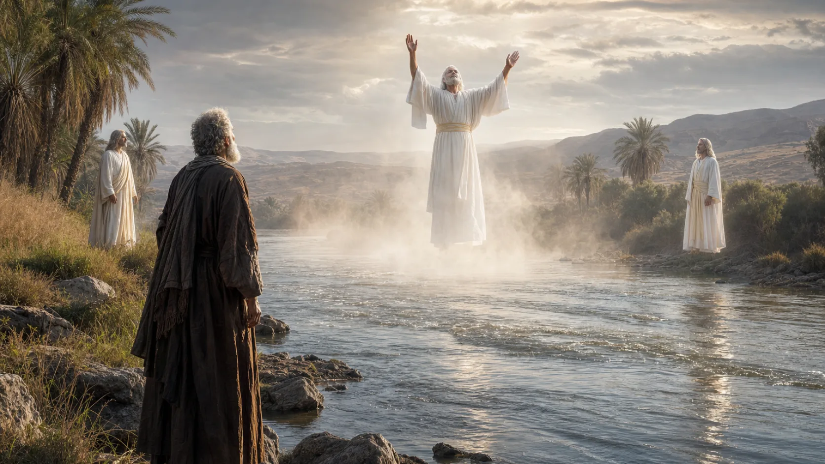 Biblical scene illustrating Daniel Sees Two Heavenly Beings beside the River