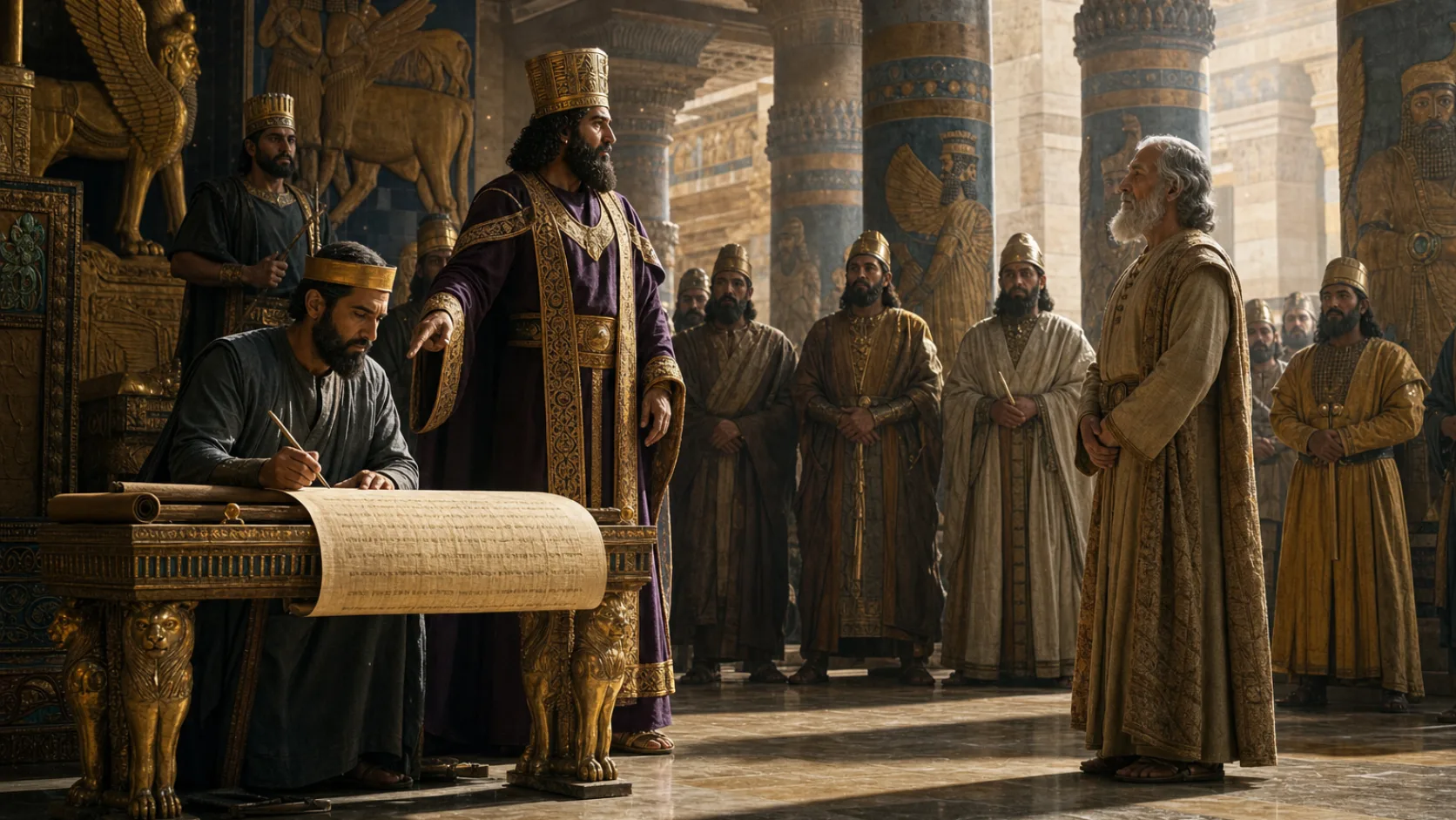 Biblical scene illustrating Darius Issues a Decree Honoring Daniels God