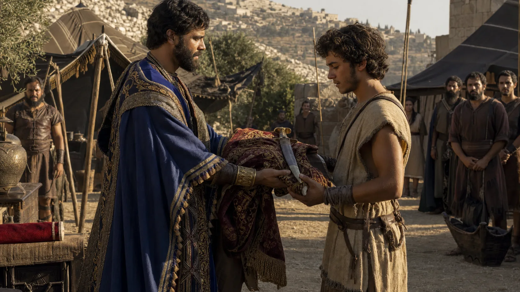 Biblical scene illustrating David and Jonathan Form a Covenant of Friendship