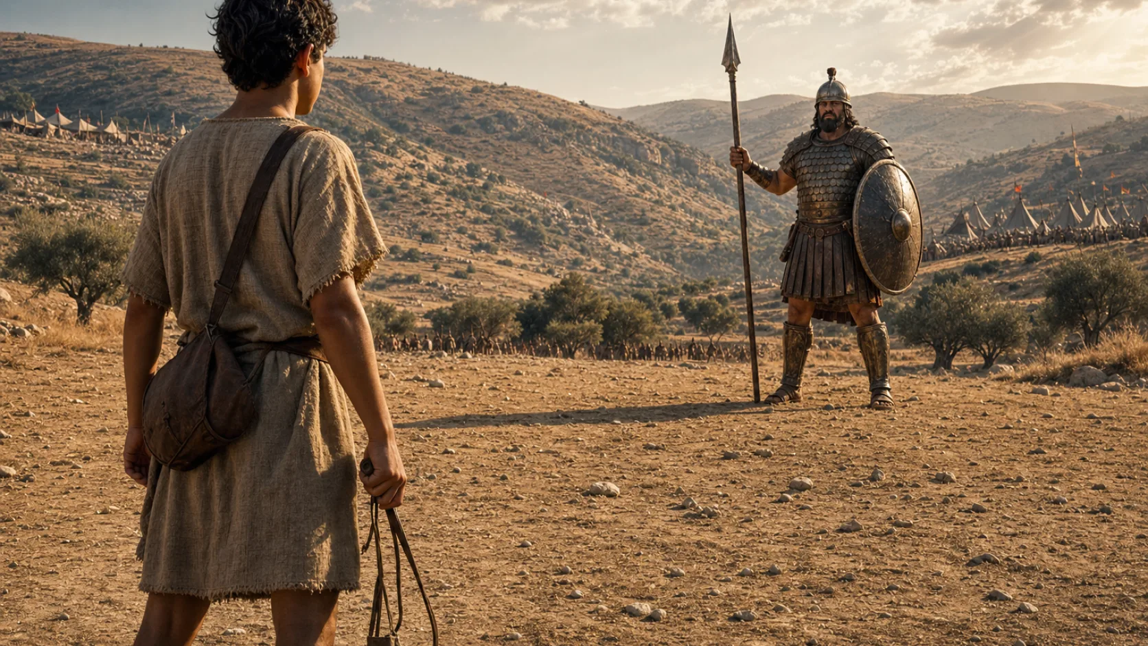 Biblical scene illustrating David Defeats Goliath