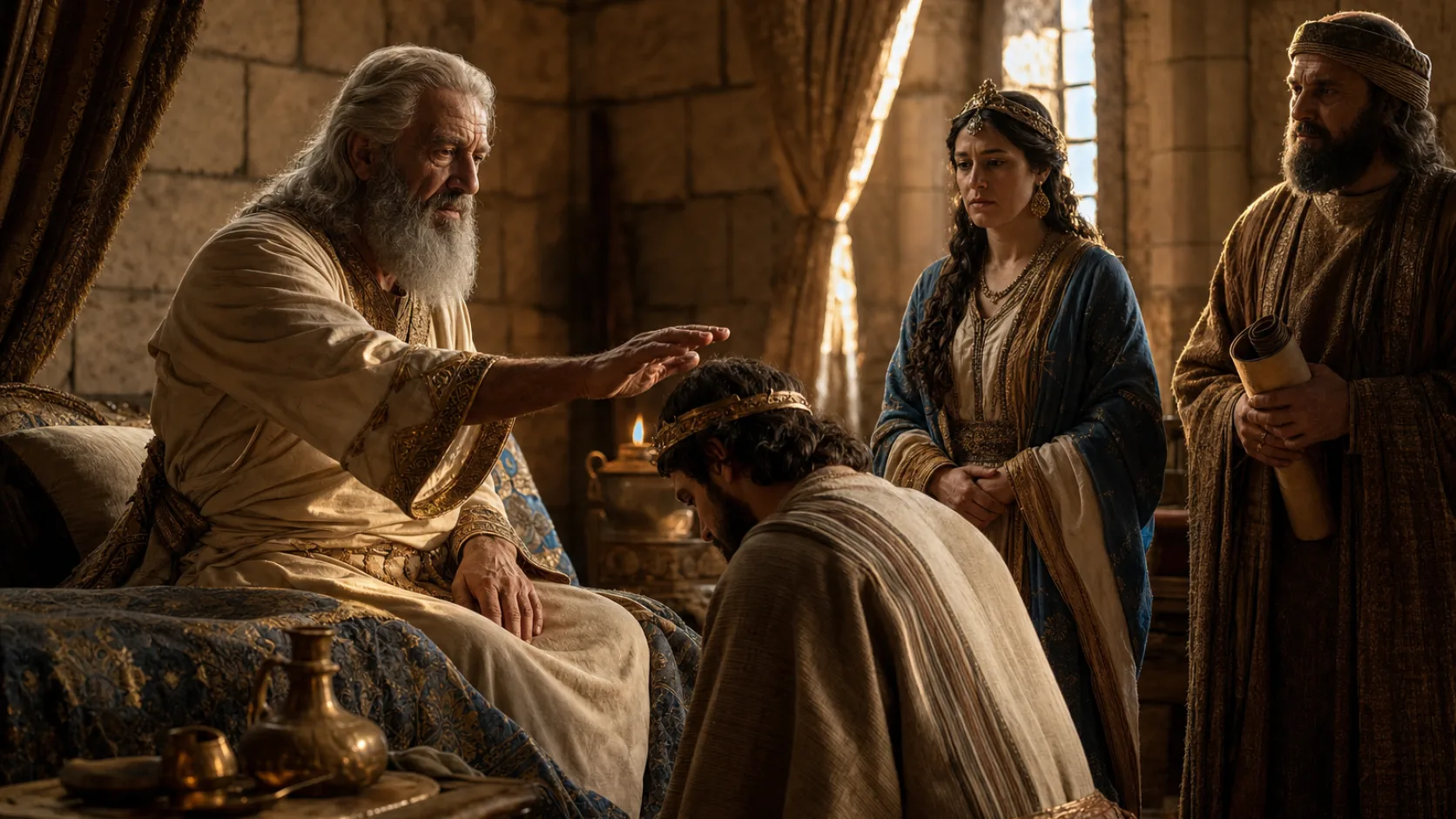 Biblical scene illustrating David Dies and Solomon Succeeds Him
