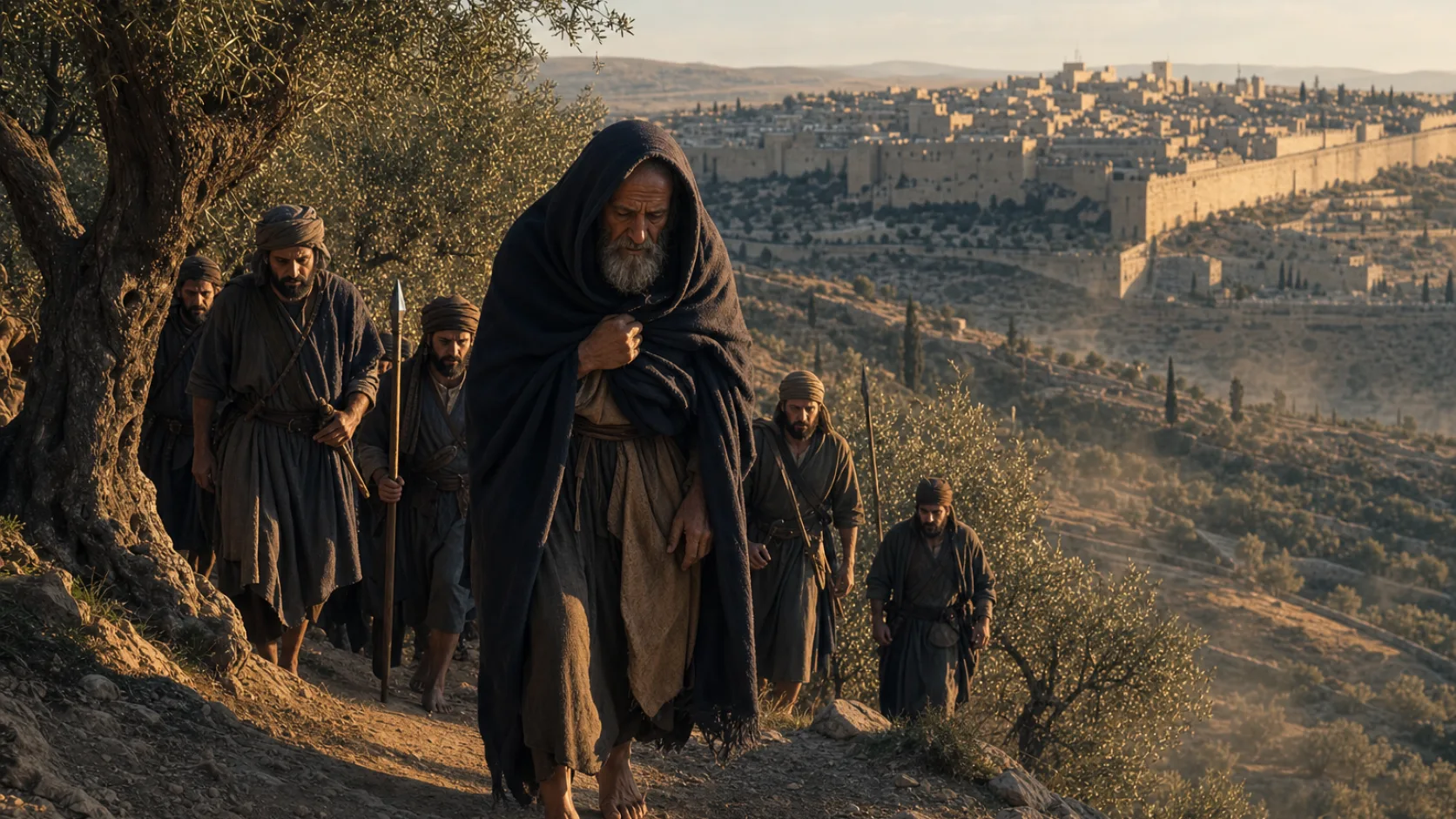Biblical scene illustrating David Flees from Absalom