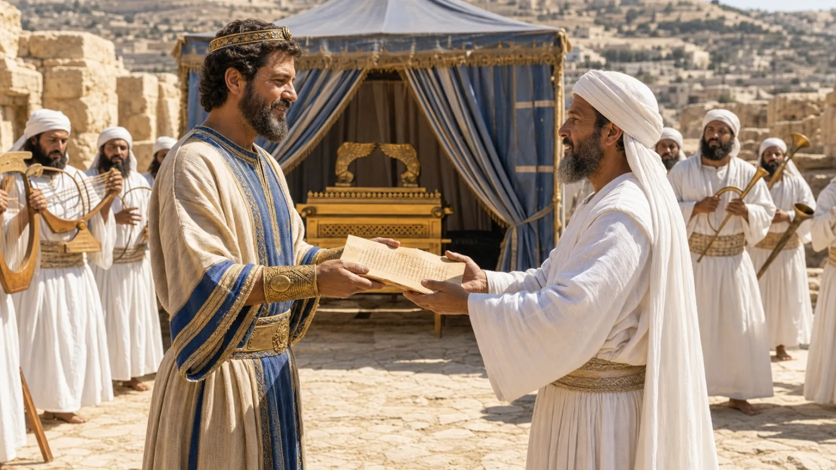Biblical scene illustrating David Gives Asaph a Psalm of Thanksgiving