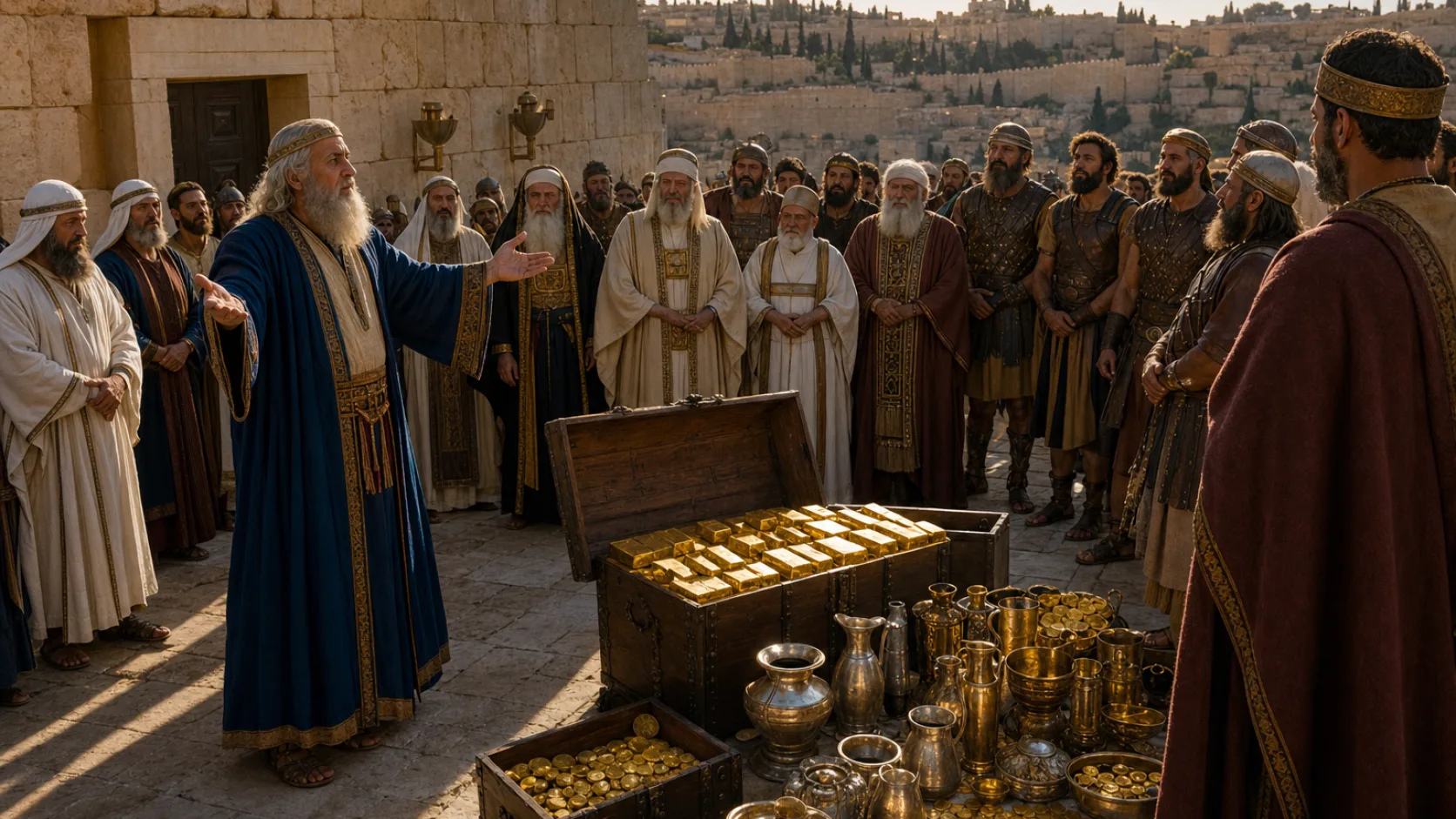 Biblical scene illustrating David Gives His Personal Treasure for the Temple