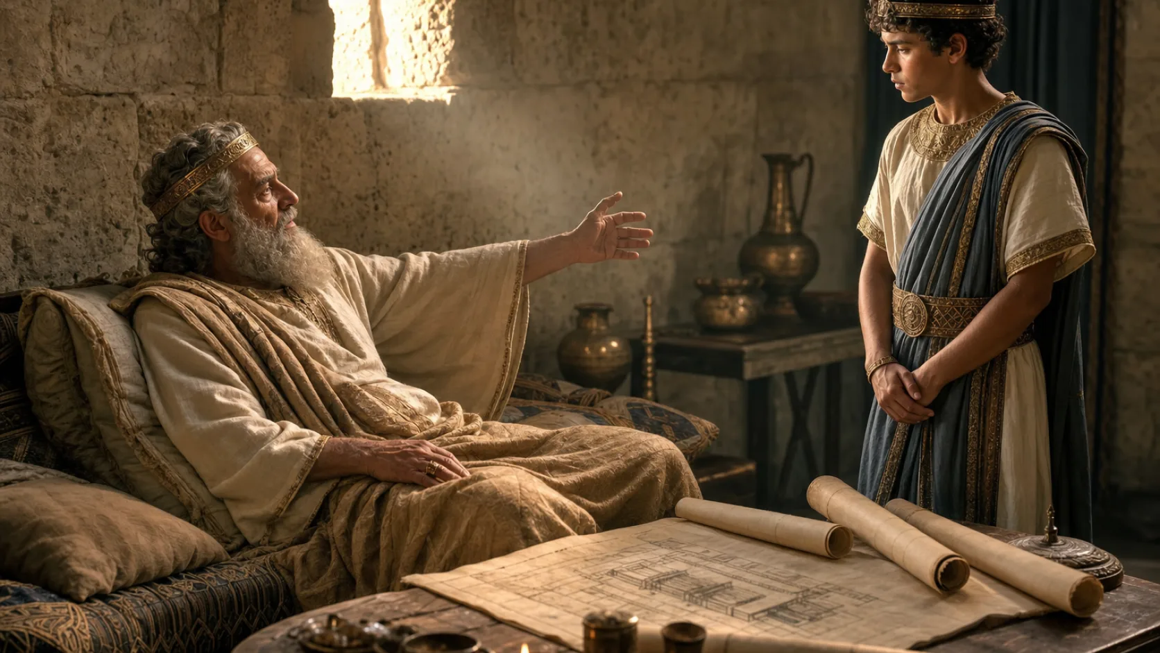 Biblical scene illustrating David Gives Solomon His Final Instructions