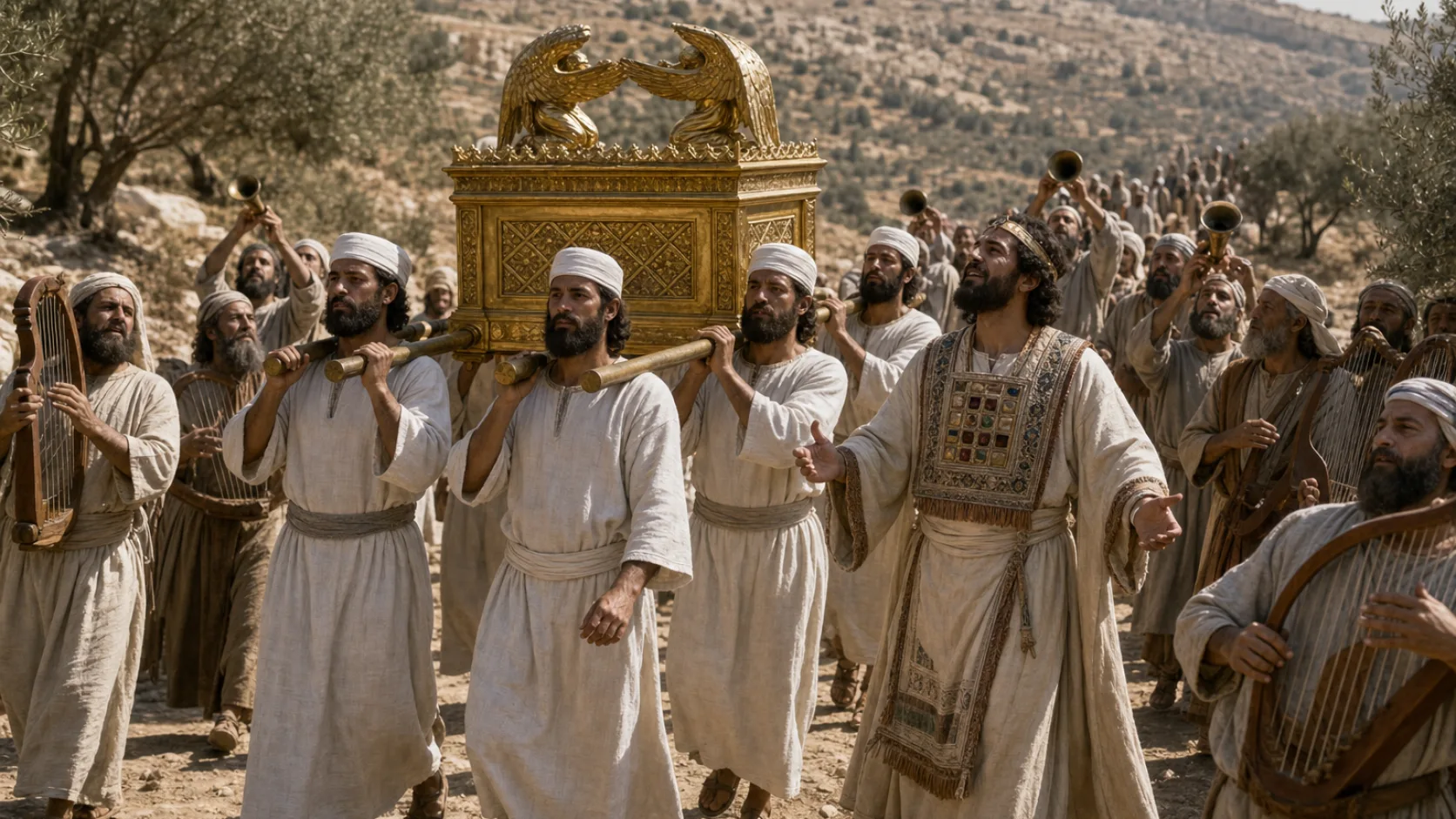 Biblical scene illustrating David Prepares the Levites to Carry the Ark Properly