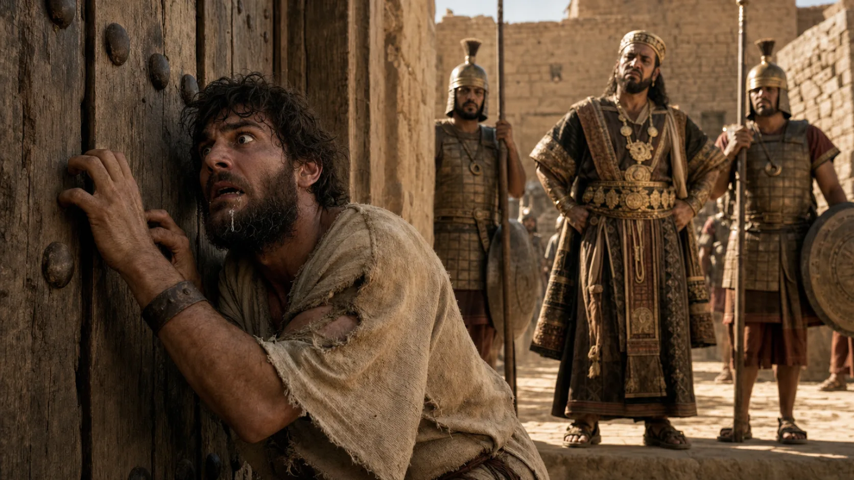 Biblical scene illustrating David Pretends to Be Insane before Achish