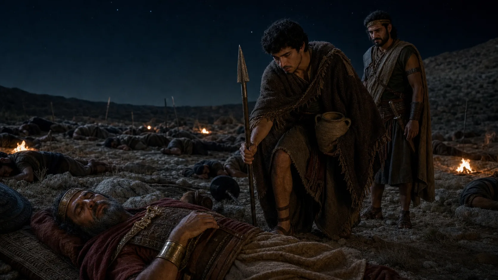 Biblical scene illustrating David Spares Saul a Second Time