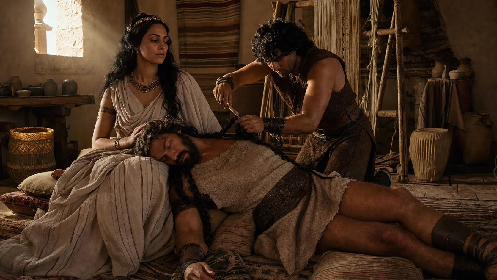Biblical scene illustrating Delilah Betrays Samson