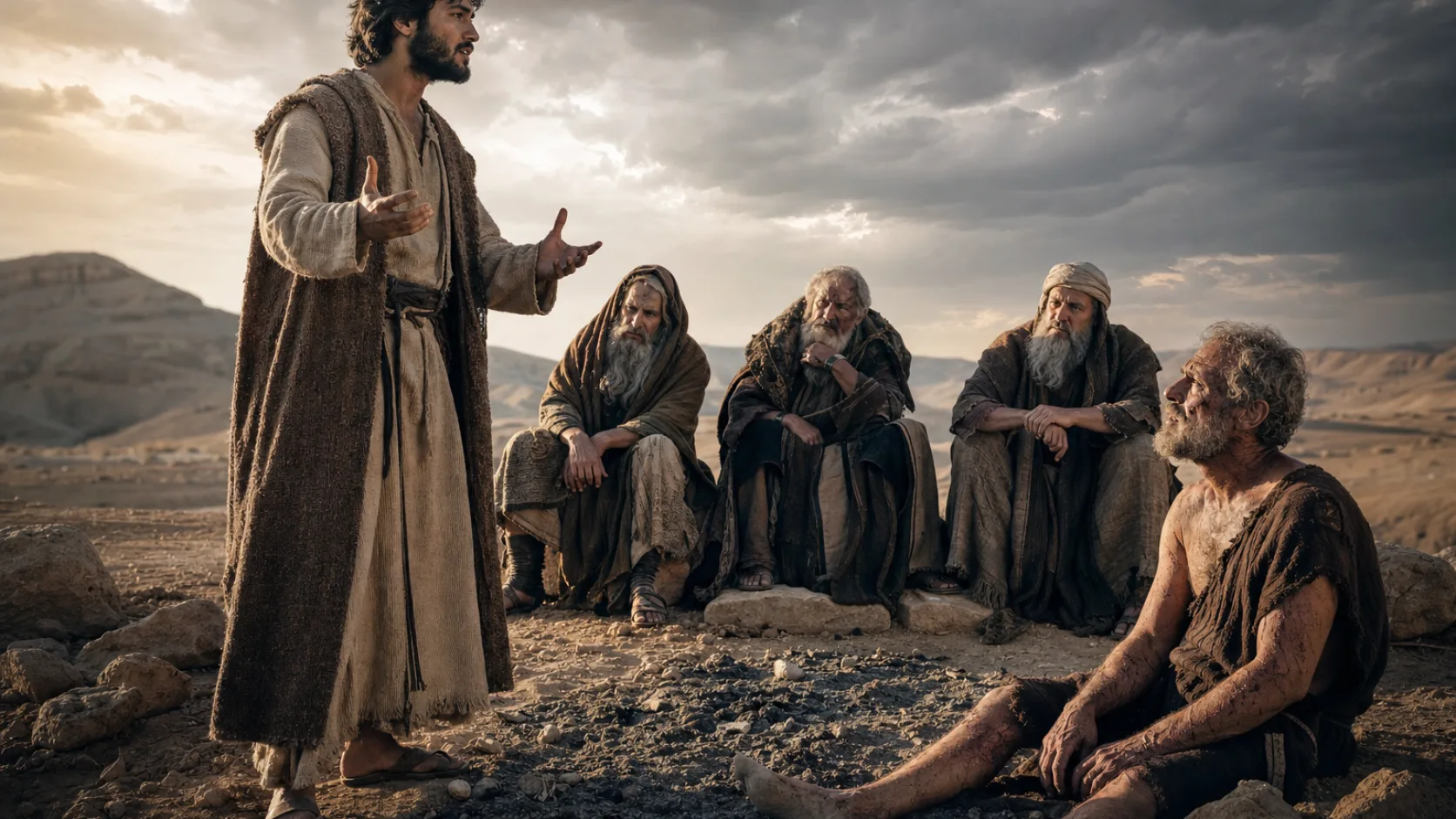 Biblical scene illustrating Elihu Begins Speaking after Jobs Three Friends Fall Silent