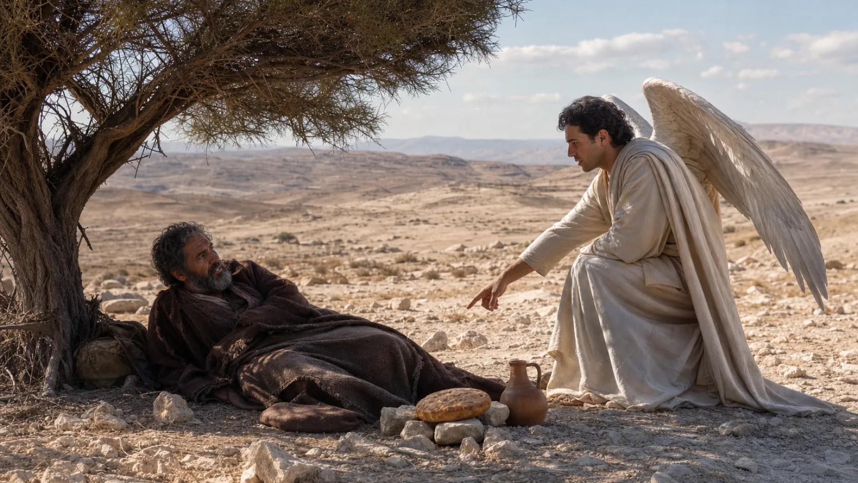 Biblical scene illustrating Elijah Flees into the Wilderness