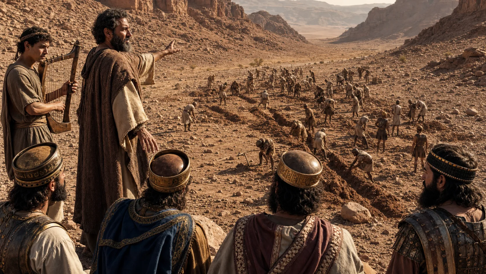 Biblical scene illustrating Elisha Prophesies Water and Victory over Moab