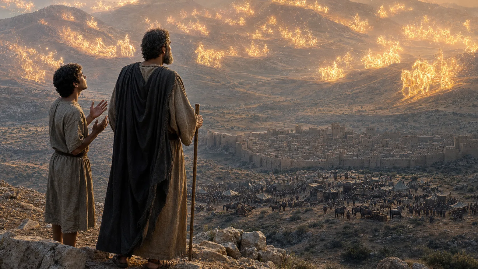 Biblical scene illustrating Elishas Servant Sees the Heavenly Army
