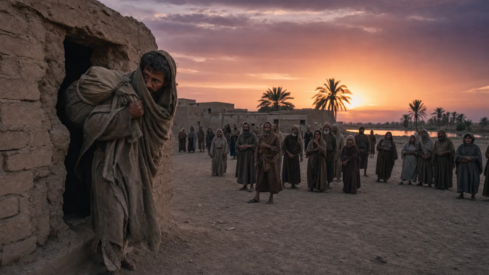 Biblical scene illustrating Ezekiel Digs through a Wall and Leaves as an Exile