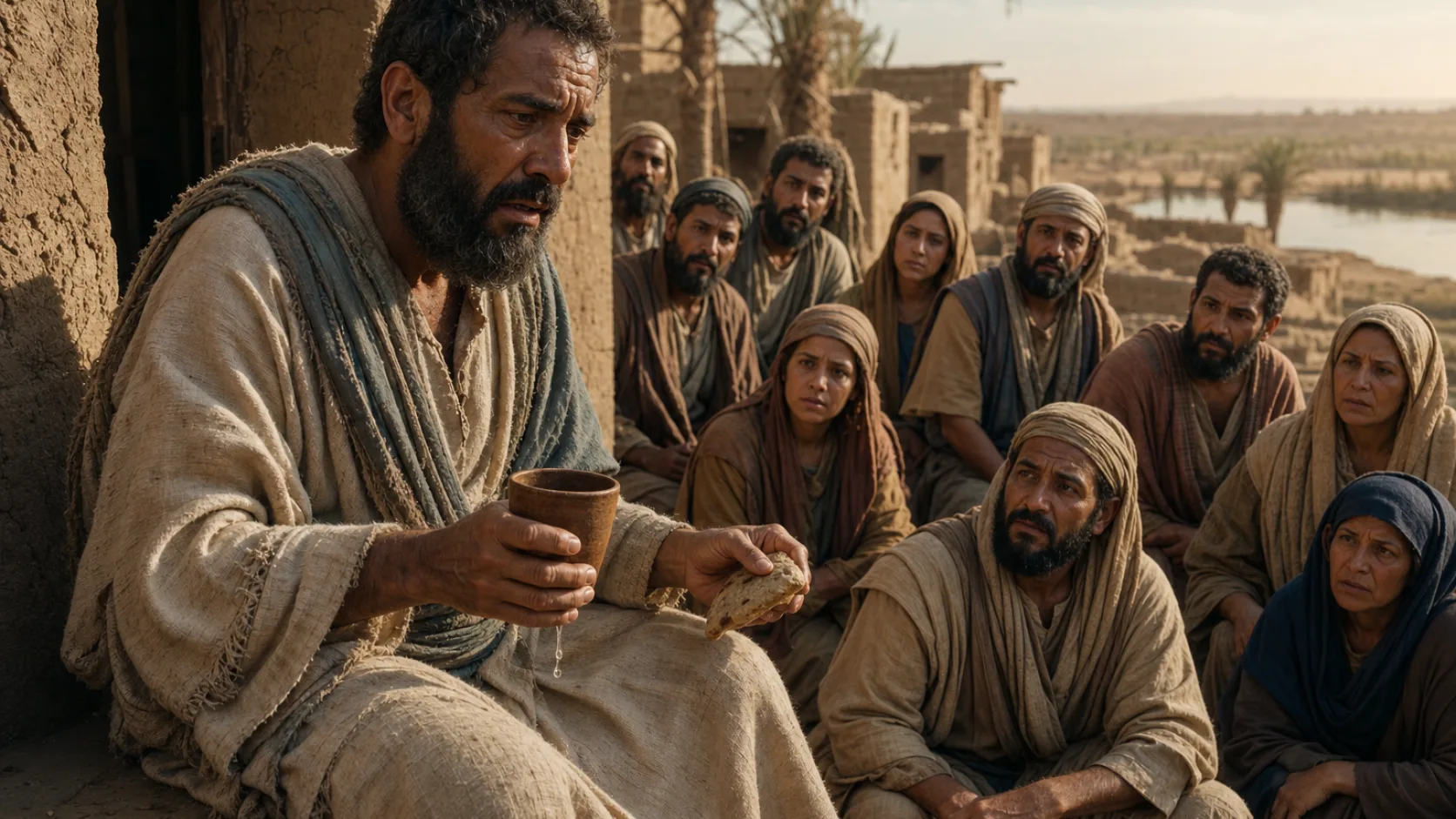 Biblical scene illustrating Ezekiel Eats and Drinks with Trembling as a Sign