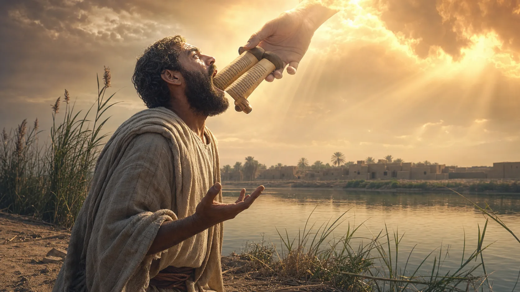 Biblical scene illustrating Ezekiel Eats the Scroll Given by God