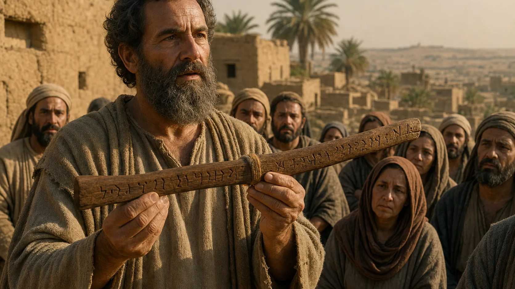 Biblical scene illustrating Ezekiel Joins Two Sticks as a Sign of Israels Reunion