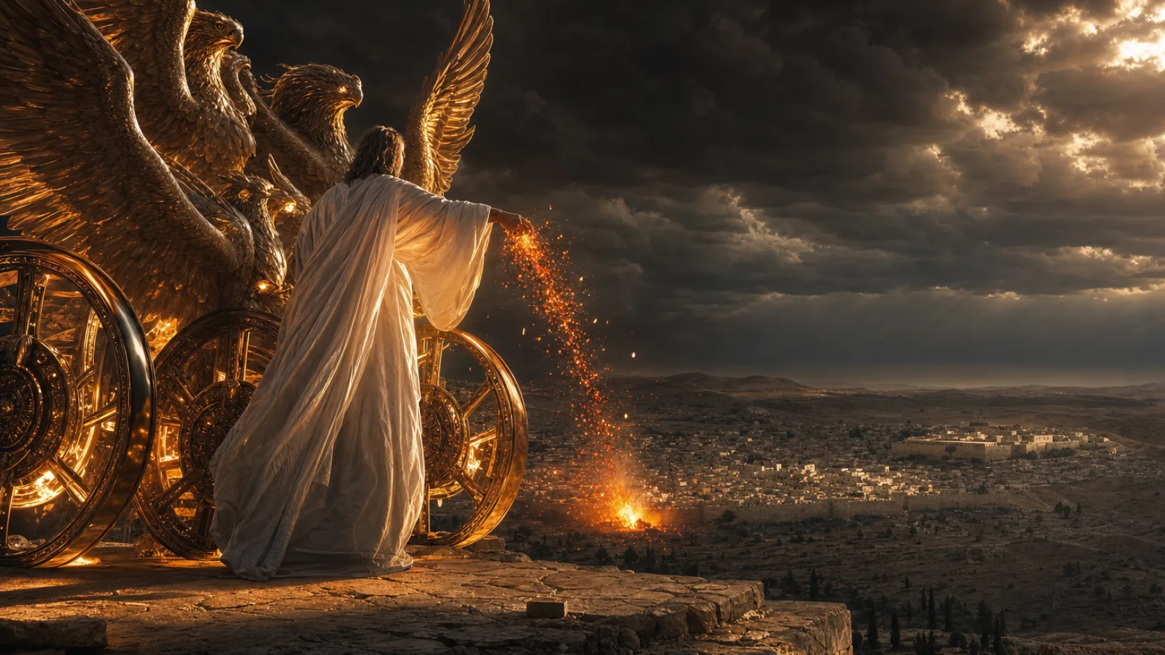 Biblical scene illustrating Ezekiel Sees Fire Scattered over Jerusalem