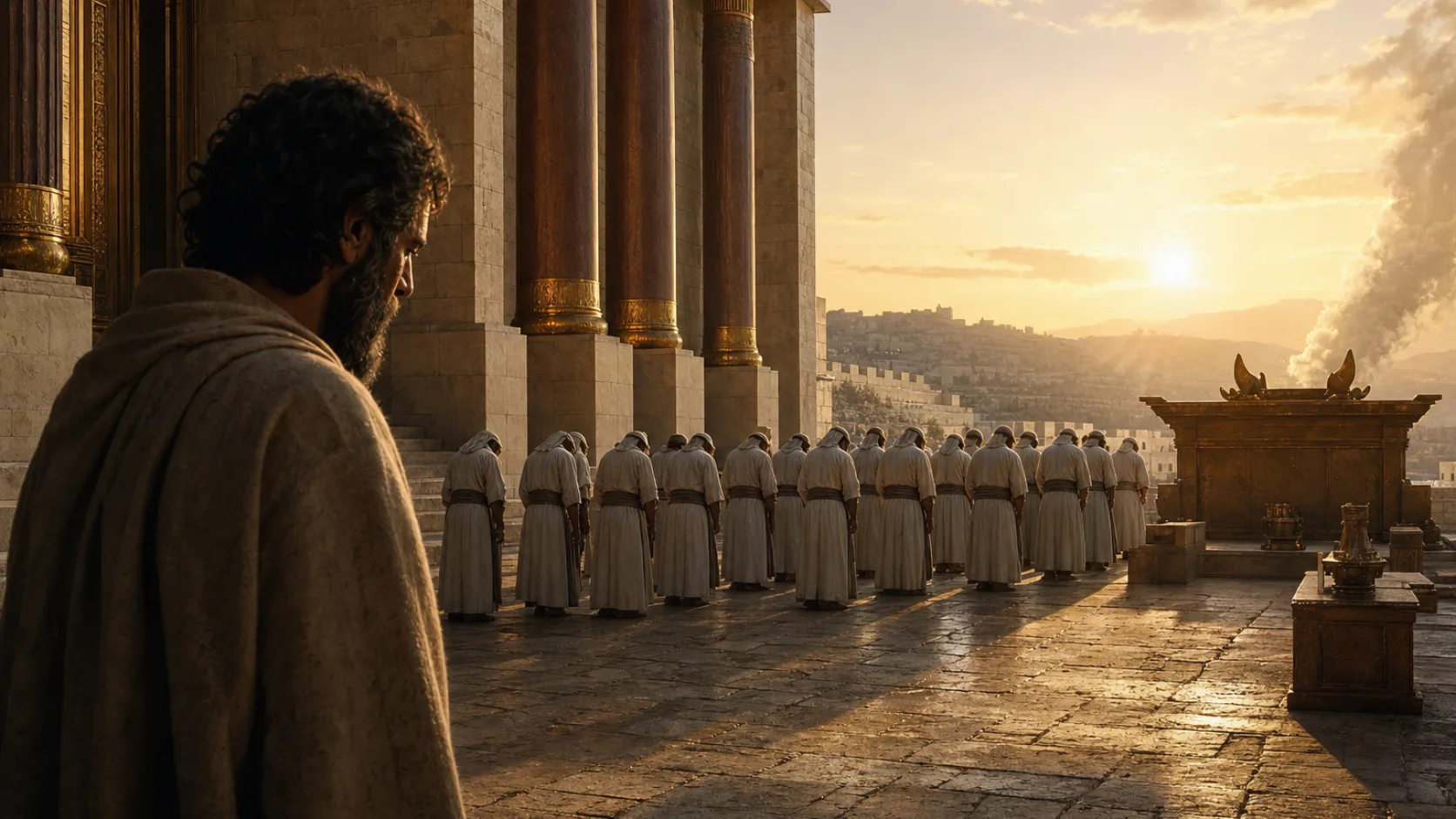 Biblical scene illustrating Ezekiel Sees Idolatry inside the Temple