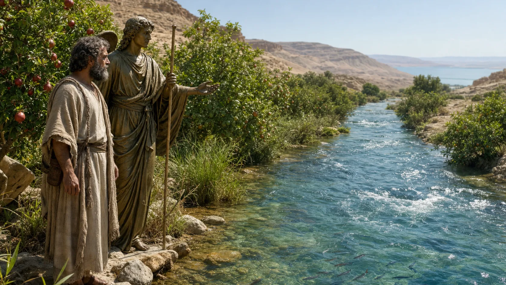Biblical scene illustrating Ezekiel Sees the Temple River Bring Life to the Dead Sea