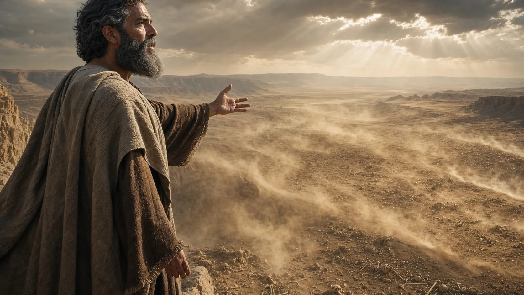 Biblical scene illustrating Ezekiel Sees the Valley of Dry Bones