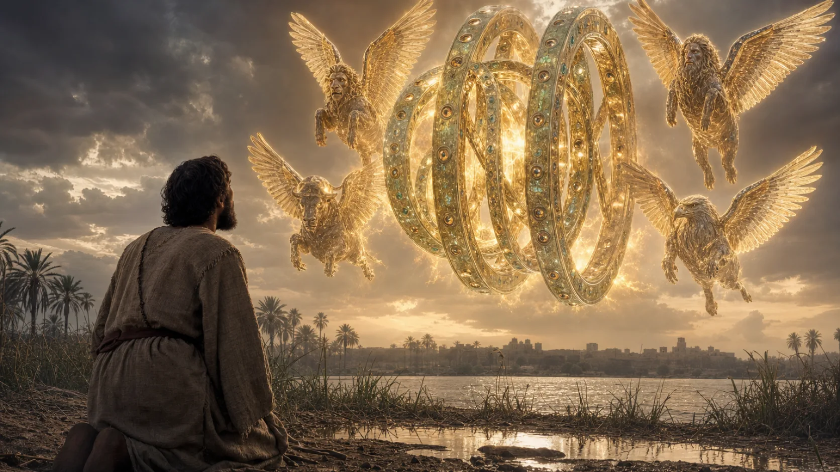 Biblical scene illustrating Ezekiel Sees the Wheels beside the Living Creatures
