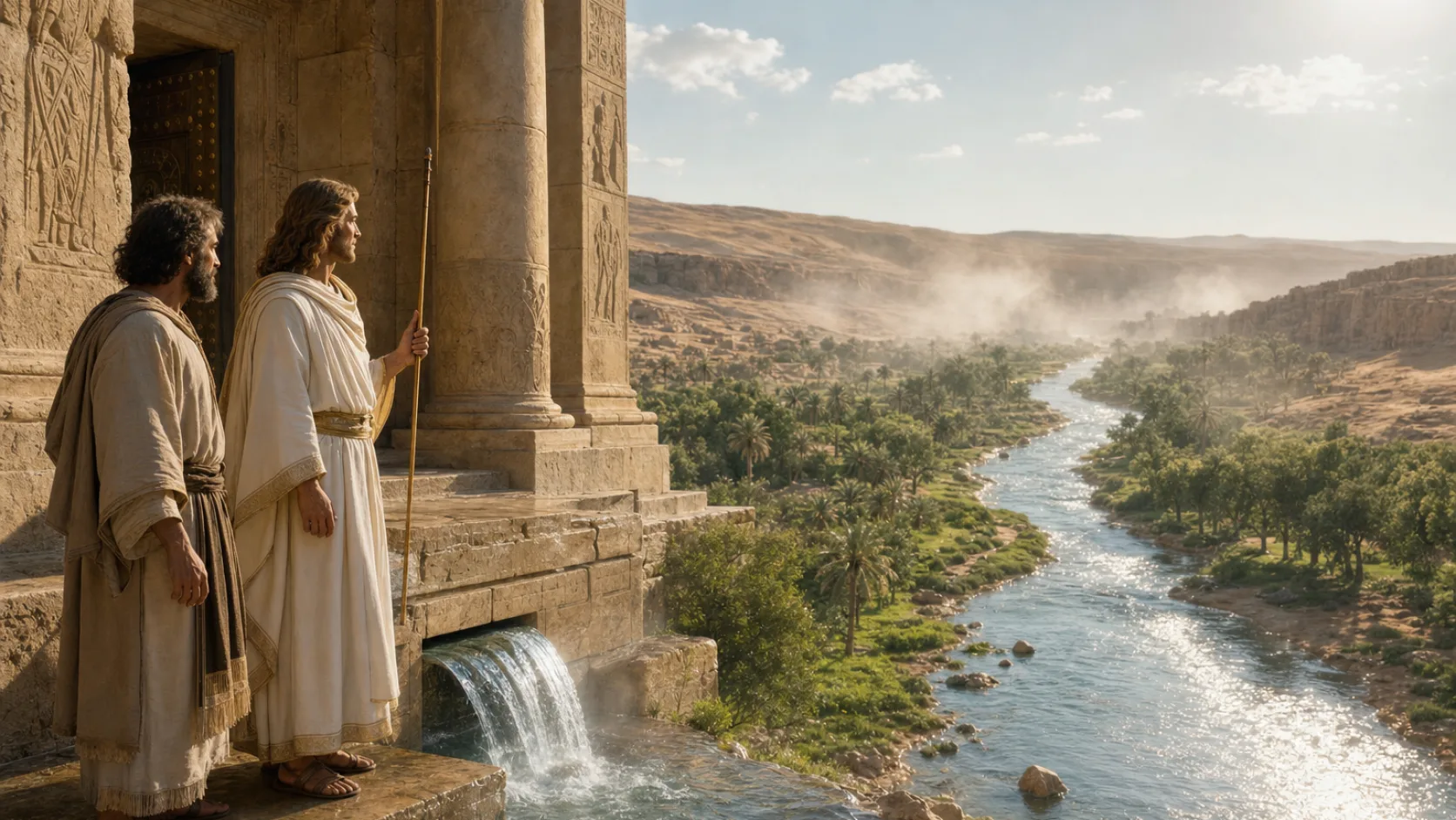 Biblical scene illustrating Ezekiel Sees Water Flowing from the Temple