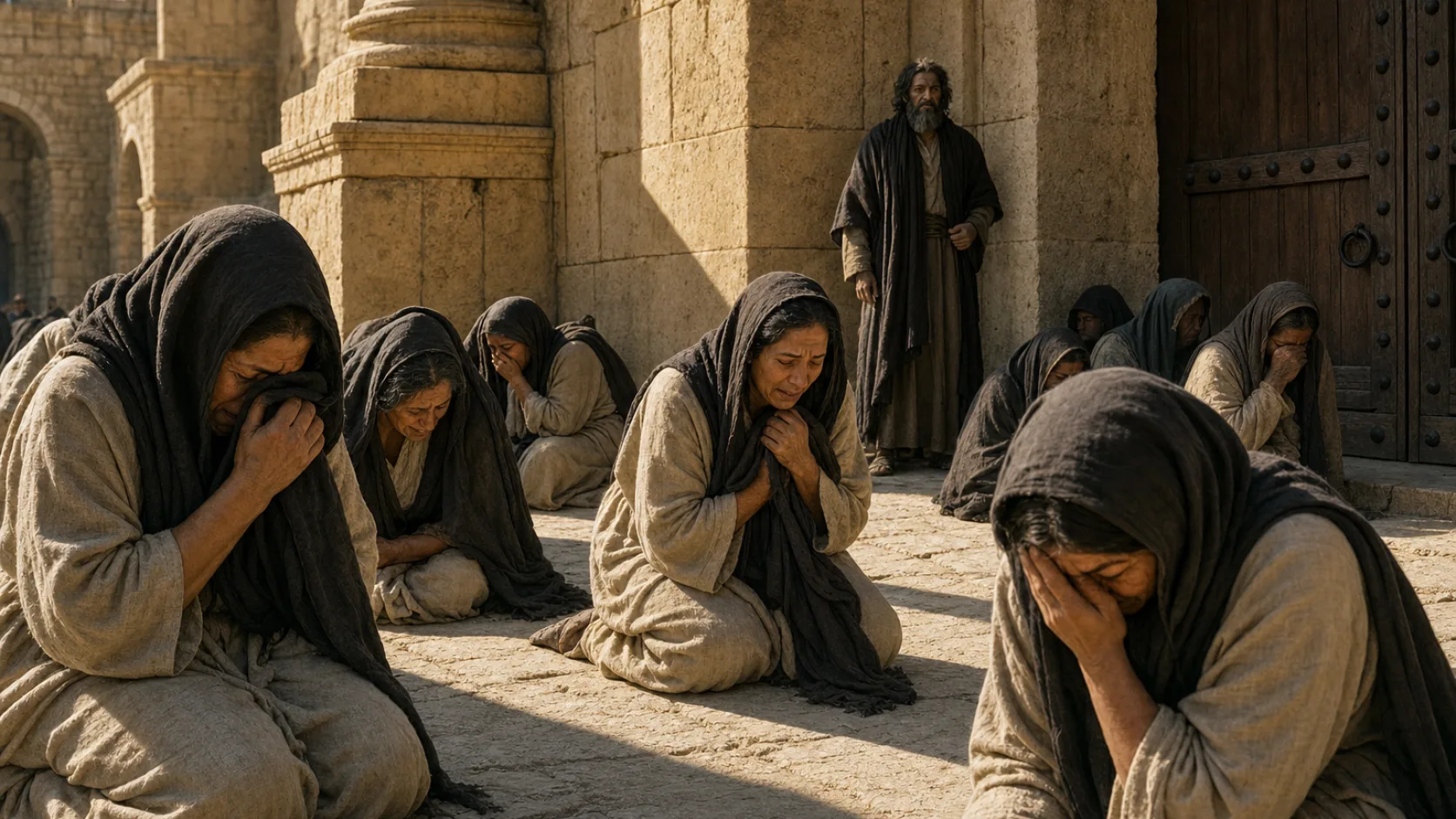 Biblical scene illustrating Ezekiel Sees Women Weeping for Tammuz at the Temple